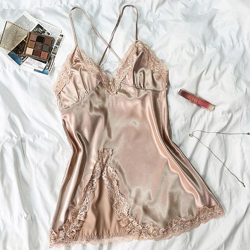 New Arrivals S-xl 4 Colors Ice Silk Frill Trim Sleepwear Women's Soft Satin Camisole Nightdress Summer Slip Dress Comfortable Nightgown Solid Pajamas Ladies Sexy Nightdress