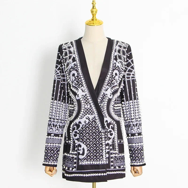 NEW BRAND S(8)-3XL(20-22) UK Plus Size Blazers Women Mid Length Pearl Coats Blazer Slim Party Sexy Suits V-Neck High Waist Evening Coat Jacket Work Y2K Jackets Ladies Luxury Fashion Clothing Supplies