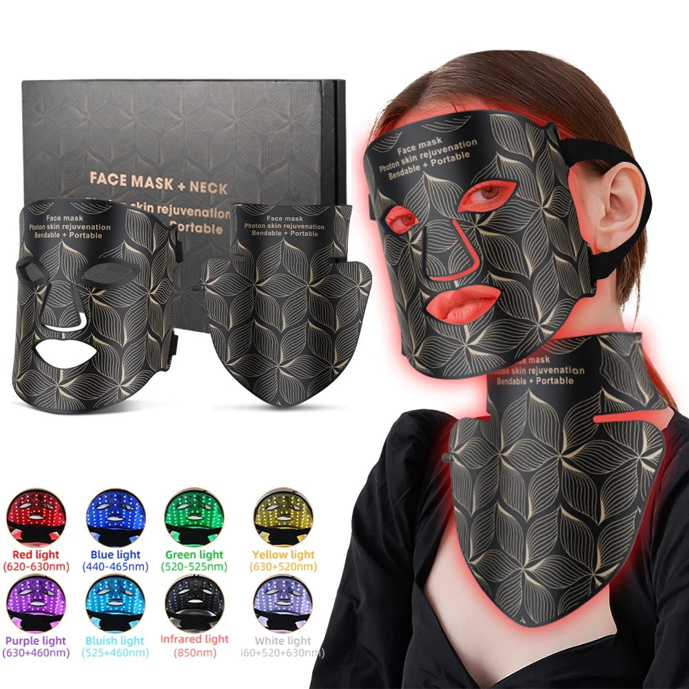 NEW Arrivals LED Facial Mask Set with Neck 8 Color Near-Infrared Red Facial and Neck Photon Oil Control Skin Firming Whitening and Anti Redness Skin Care Supplies