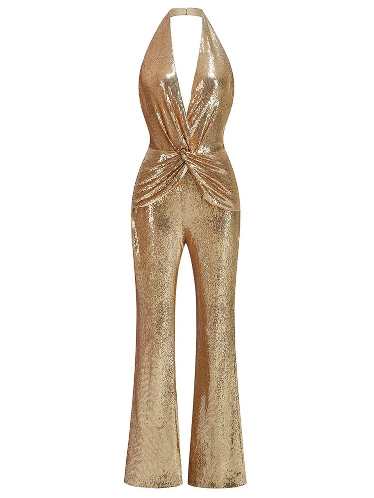 NEW Arrivals Women's Sleeveless Gold Sequin Jumpsuit Sexy V Neck Sparkle Sequined High Waist Wide Leg Pants Jumpsuit Celebrity Evening Party Ladies Luxury Fashion Clothing Supplies