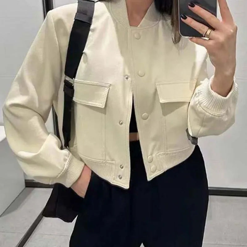 NEW Arrivals S-3XL 4 Colors Fashion Women Elegant Solid Bomber Jacket Long Sleeve Button Slim Cropped Coat Female Casual Chic Tops Woman Streetwear