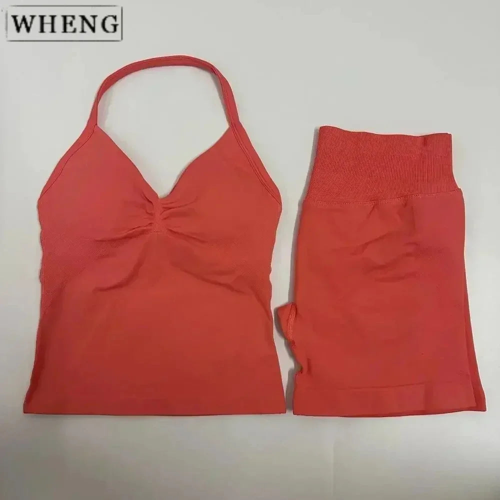 NEW Arrivals 2PCS Set 10 Colors Padded Sleeveless T-Shirt with Halter Collar Hip Pants Summer Sportswear Women Fitness Yoga Pilates Suit Outdoor Hiking Running Sports Clothes
