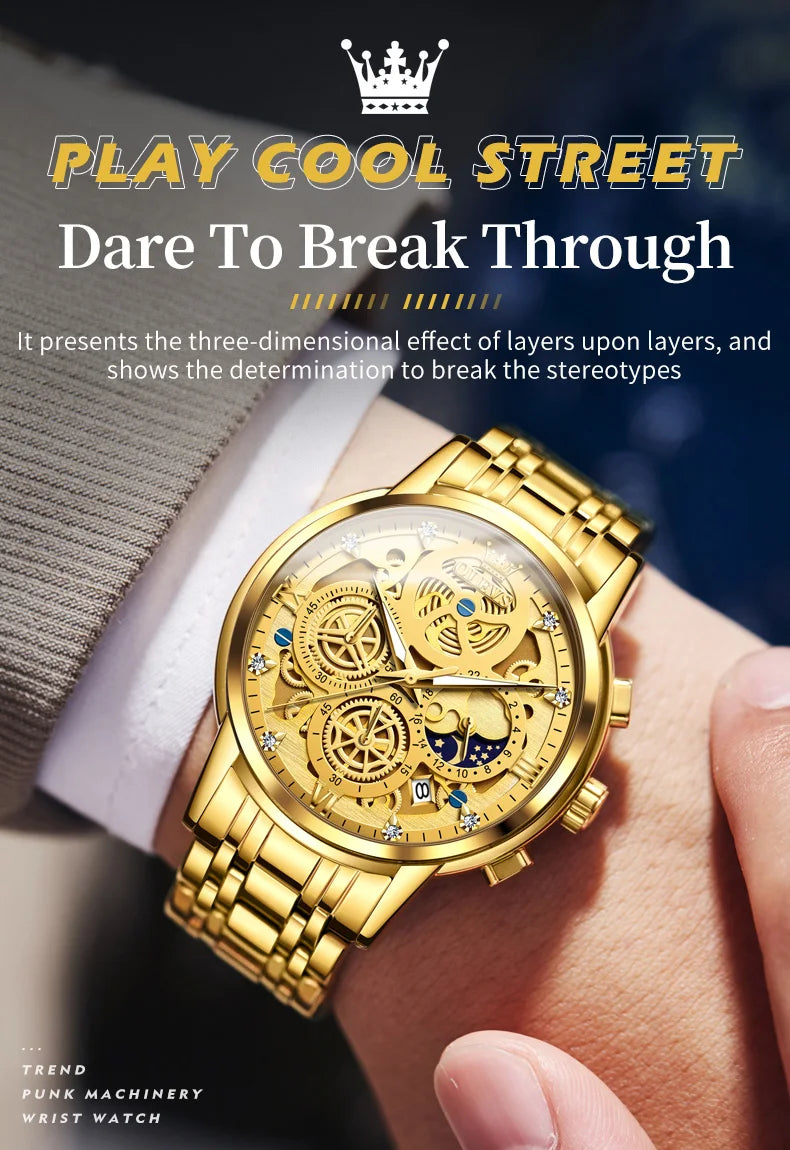 NEW 100% Original OLEVS Luxury Men's Watches Top Brand Luxury Original Waterproof Quartz Watch for Man Gold Skeleton Style 24 Hour Day Night Wristwatch Perfect Gift for Husband Boyfriend