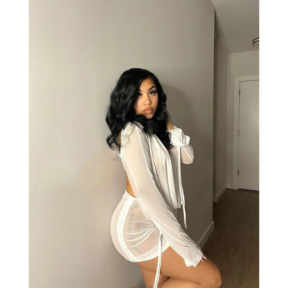 NEW Arrivals 2PCS Set S-2XL UK Plus Size 5 Colors Y2K Sexy Deep V Neck Mini Mesh Dress Women Party Outfit See Through Long Sleeve Night Club Beach Party Bodycon Dresses
