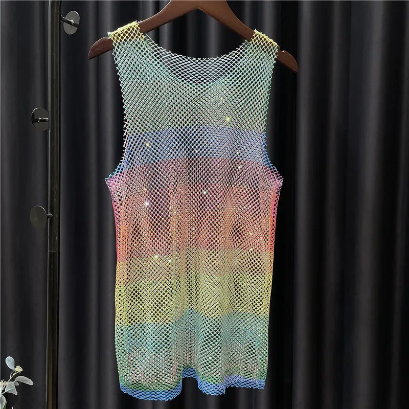 Women&Men Neon Crystal Colorful Rhinestones Shiny Sexy Y2K RainbowTank Tops Party Club Sexy See Mesh Hollow Out 65cm long
