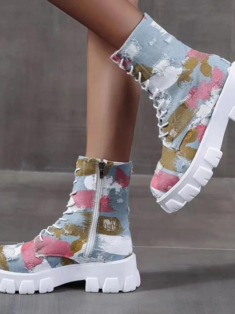 Autumn New Women's Boots 2022 Fashion Denim Camo Women's Ankle Boots Patchwork Fabric Platform Women's Sports Boots