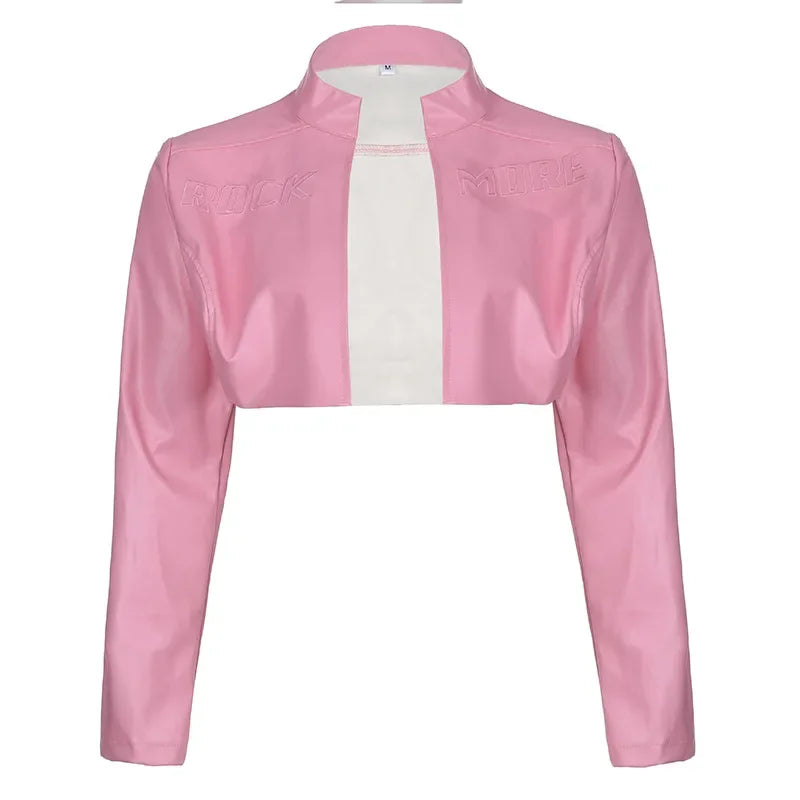 NEW Arrivals Black/Pink Y2K Punk Gothic Leather Jacket Women Cropped Lapel Letter Embroidery Moto Jackets Coat Short Female Streetwear Night Club Mini Jacket Evening Rave Party Girls Casual Fashion Clothing Supplies