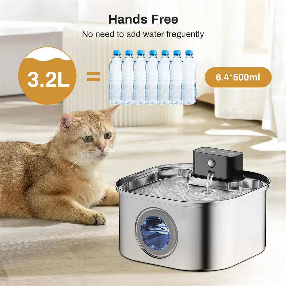 NEW Arrivals 3.2L Sensor Stainless Steel Wireless Charging Cat and Dog Water Fountain Rechargeable Automatic Induction 45 Days Standby Cycle Filter Pet Drinking Bowl