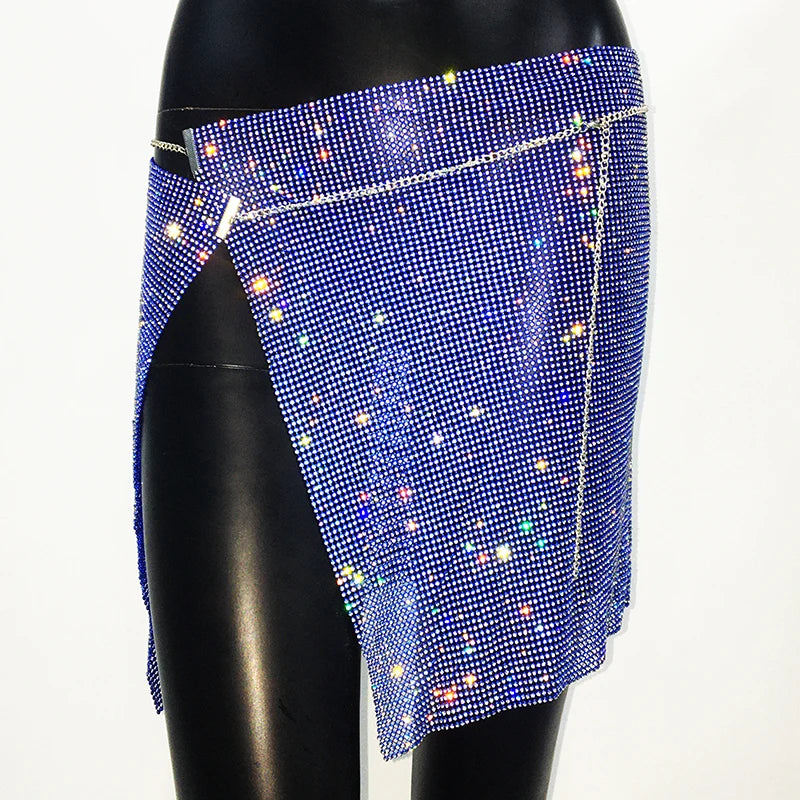 NEW Arrivals 6 Colors Glitter Rhinestone Metal Chain Mini Sexy Skirt For Women Sexy Side Slit See Through Party Skirt Rave Festival Outfits