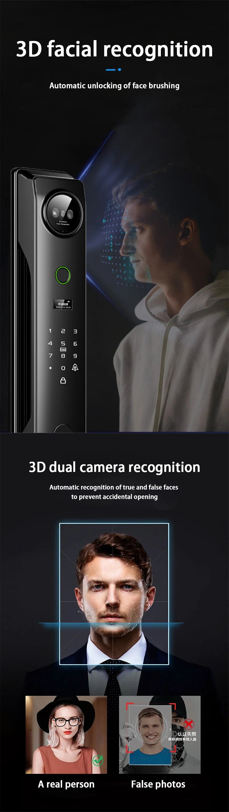 NEW 4 in 1 TUYA 3D Facial Recognition App WI-FI Password Fingerprint IC Card Portable Visual Doorbell Monitoring Camera Electronic Door Lock Home Apartments Office Security Supplies