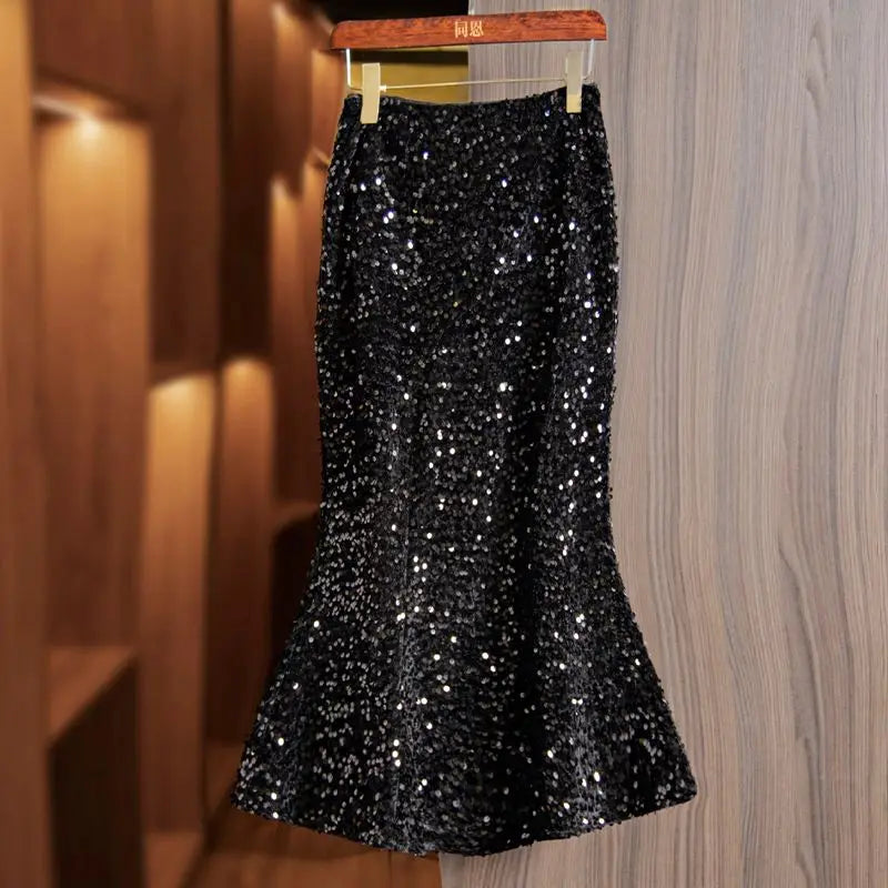 NEW Arrivals UK Size Black Glitter Sequined Bodycon Fishtail Skirt for Women High Waist Tunic Fashion Y2K Evening Clubwear Party Formal Skirts Ladies Luxury Fashion Apparel Accessories Clothing Supplies