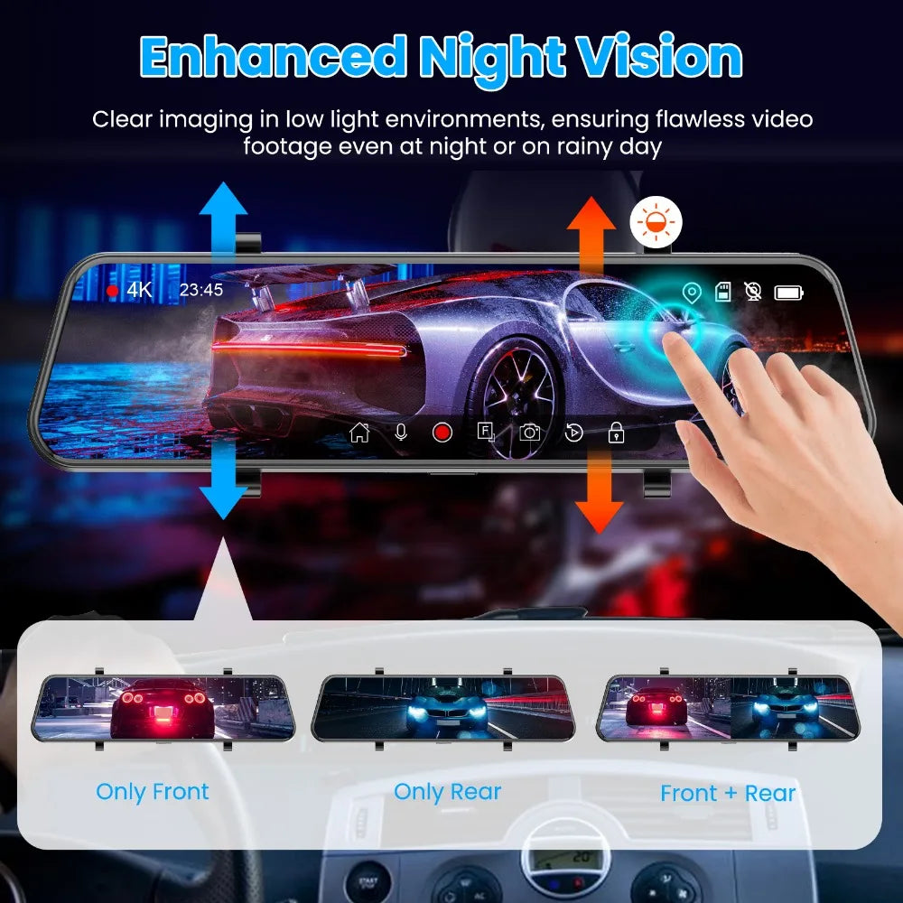 4K WIFI Mirror Dash Cam Smart Driving Assistant ADAS & BSD with External GPS Support Monitor Night Vision 24H Parking