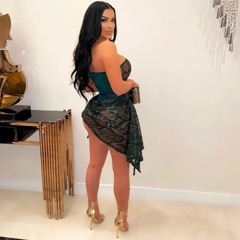 NEW Arrivals 3 Colors Sexy Mesh See Through Party Nightclub Birthday Women Dress Sequined Strapless V-neck Sleeveless Ruched Prom Mini Sexy Dresses
