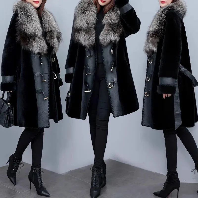 High-grade Luxury Fox Fur Collar Jacket Women's 2023 New Winter Temperament Fashion Fur Coats Black Female Warm Parkas Overcoat