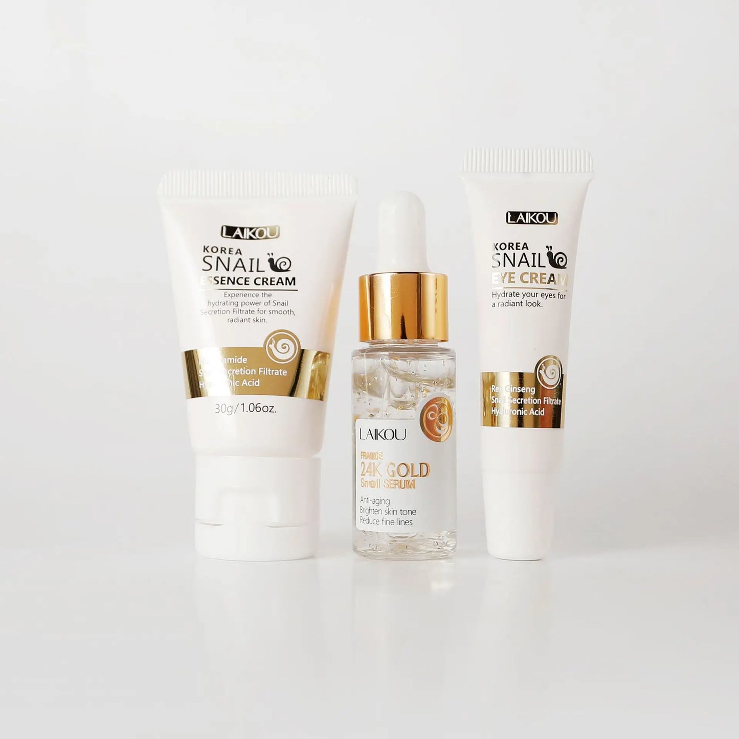 NEW 3PCS Set Korean Snail Luxury 24K Gold Infused Snail Repair Serum Eye Cream Essence Set Moisturizing Smoothing Fine Lines Minimizing Pores Women Beauty Supplies Korean Cosmetic Products