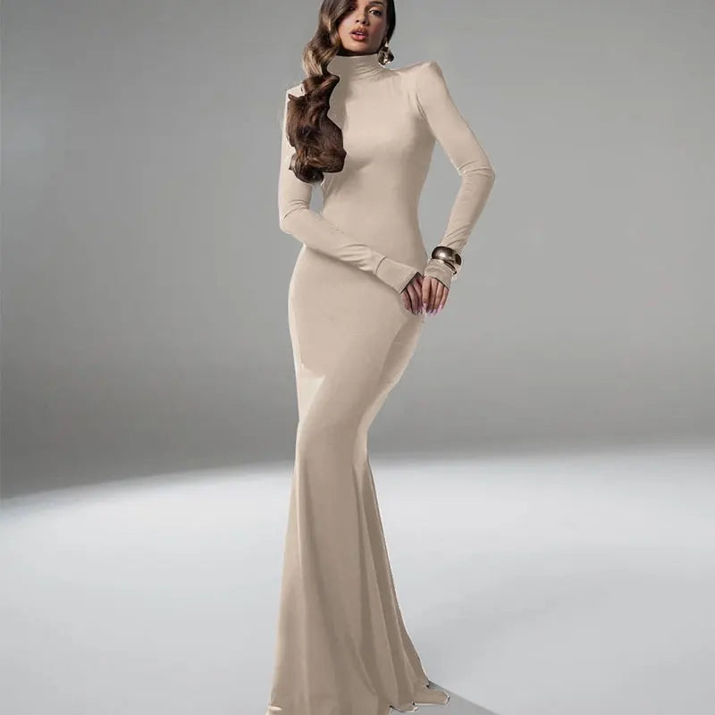 NEW Arrivals Brown/Khaki Color Long Sleeves Women's Evening Dress Elegant Party Spring Autumn Winter Sexy Backless Dress Streetwear Fashion Casual Slim Turtleneck Brown Dress