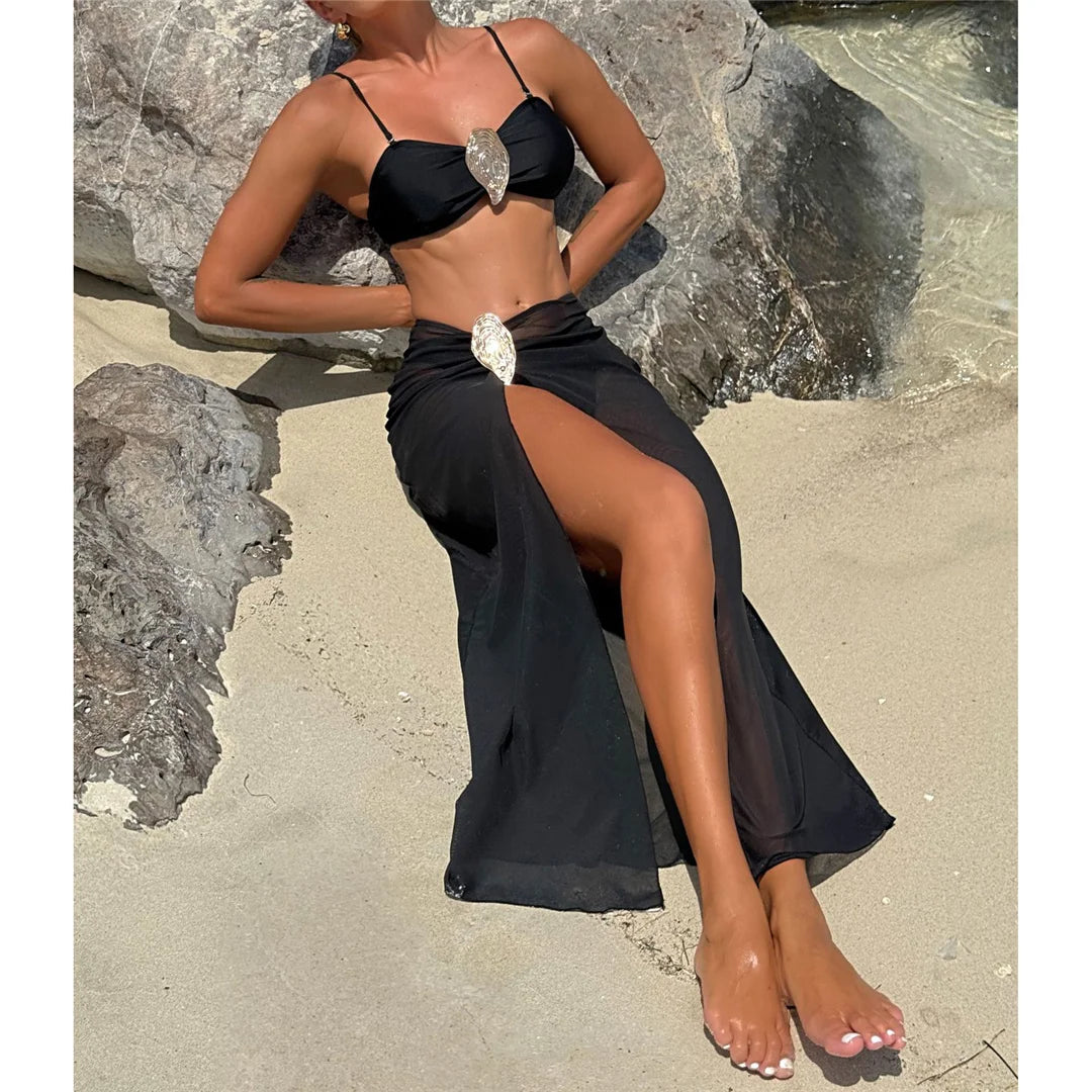 NEW Arrivals 3PCS Set White/Black Color With Skirt Metal Ring Brazilian Bikini Female Swimsuit Women Swimwear Bikini Suit Bather Bathing Suit Swim V6990 Ladies Sexy Beachwear Suit