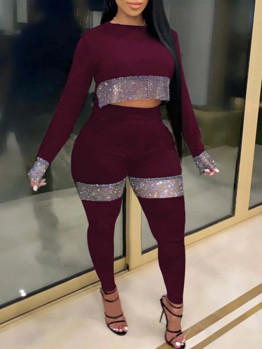 Plus Size Casual Elegant Women Outfits Autumn Long Sleeve Round Neck Crop Top See Through Sequin Skinny Y2K Pants Set
