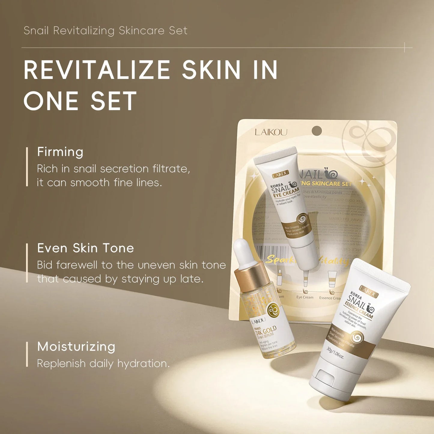 NEW 3PCS Set Korean Snail Luxury 24K Gold Infused Snail Repair Serum Eye Cream Essence Set Moisturizing Smoothing Fine Lines Minimizing Pores Women Beauty Supplies Korean Cosmetic Products