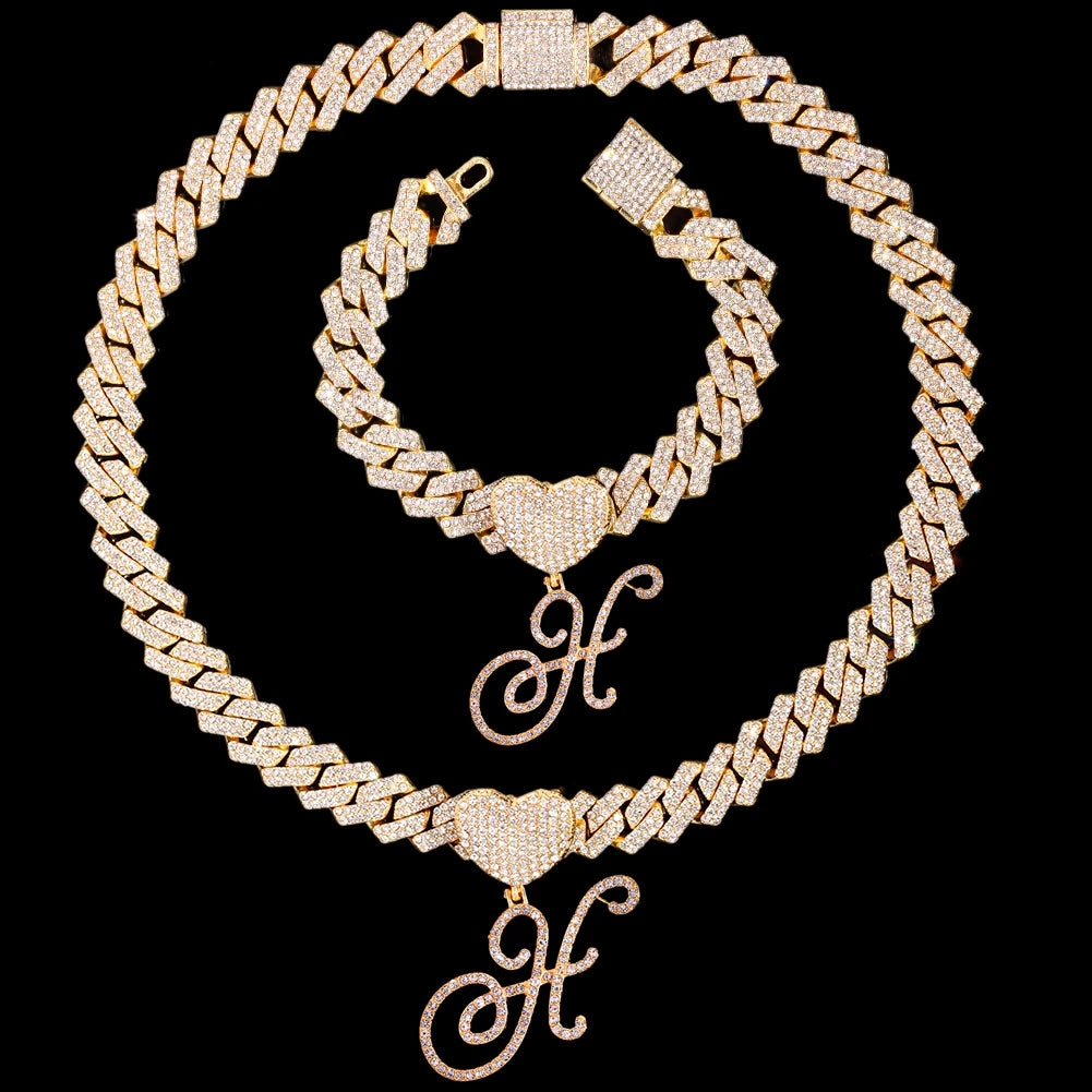 2 PCS Set New Fashion A-Z Initial Cursive Letter Luxury Rhinestones Pendant Cuban Necklace for Women Iced Out Cuban Link Chain Necklace Set Jewelry