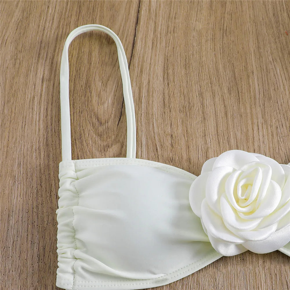Sexy Flower Bandeau Swimwear Thong Bikini Women Lace-up Swimsuits Swimming Bathing Suit Brazilian Bikinis Set Mujer Biquini