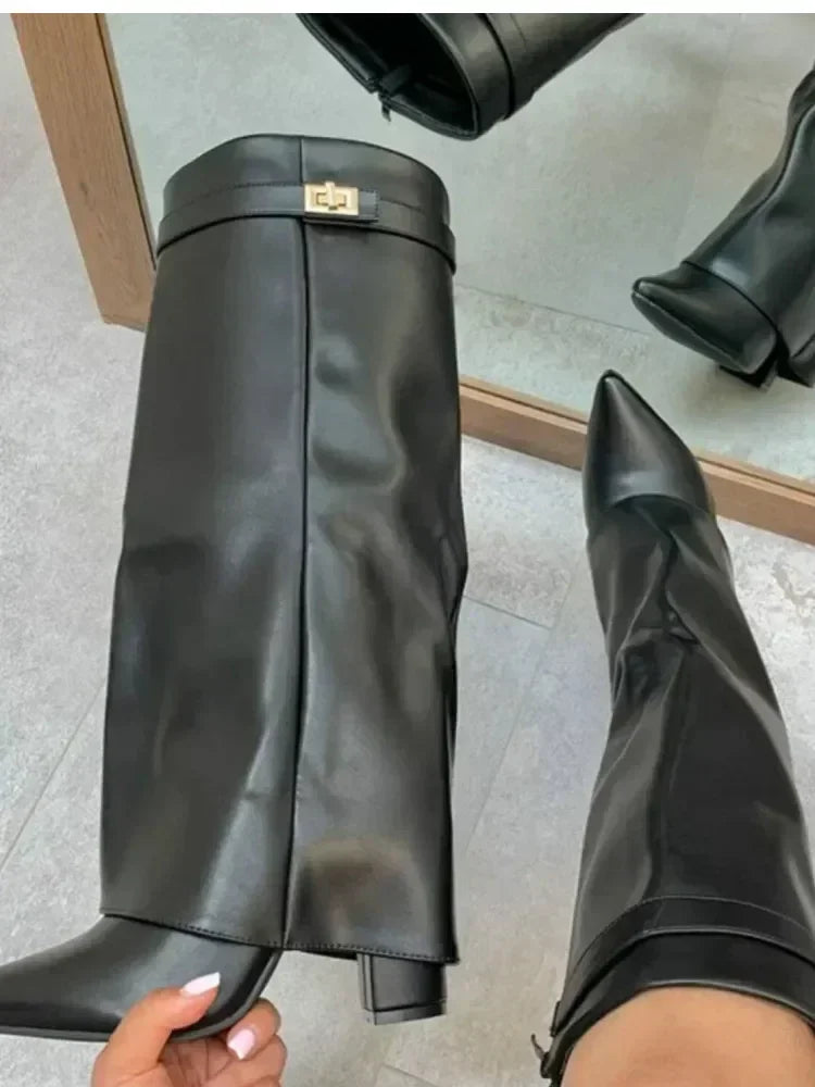 NEW Arrivals UK Big Size 6 Colors Autumn and Winter New Pointed Metal Buckle Knee High Women's Boots, Thick High-Heeled Pants Boots, Fashionable Mid Leg Boots