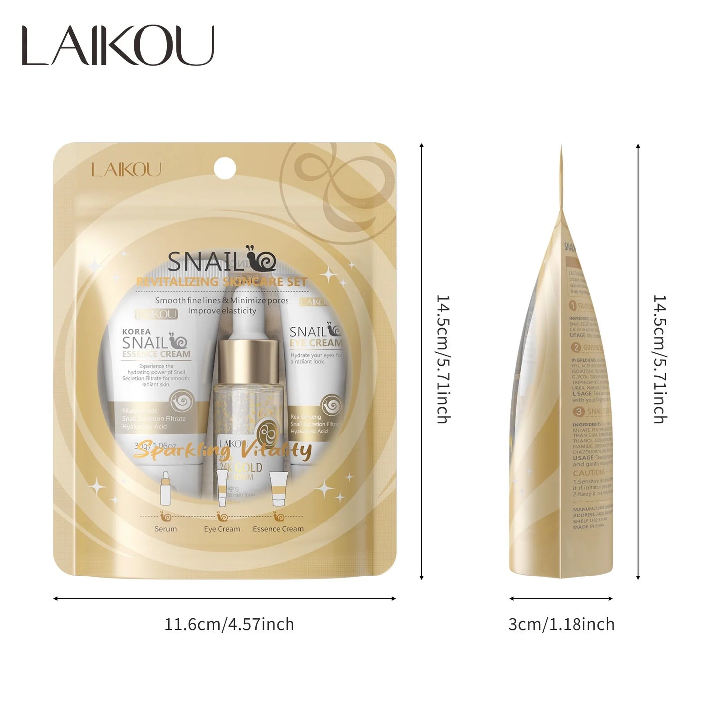 NEW 3PCS Set Korean Snail Luxury 24K Gold Infused Snail Repair Serum Eye Cream Essence Set Moisturizing Smoothing Fine Lines Minimizing Pores Women Beauty Supplies Korean Cosmetic Products