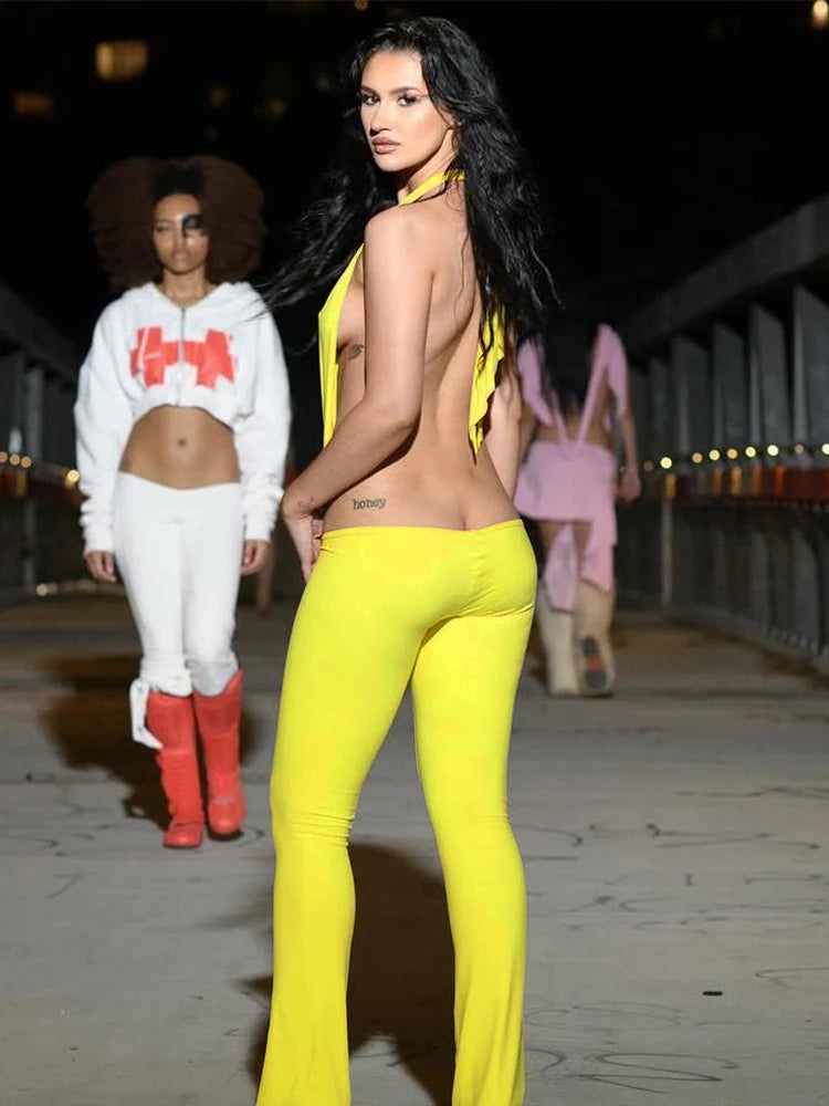 NEW Arrivals Pink/Yellow/Black Color UK Size Sexy Hot Irregular Hollow Sexy Jumpsuits Women Bandage Halter Deep V-Neck Backless Skinny Stretch Hot Girls Hipster Streetwear