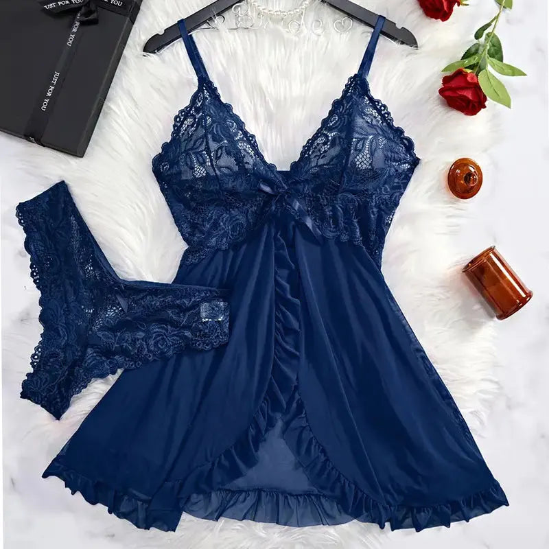 S-2XL 2PCS Set Of Tulle Ultra Sexy Nightgown 6 Colors V-Neck Bra Open Sleep Skirt Night Erotic Dress Woman Sheer Pajamas Lingerie Pants Luxury Set
