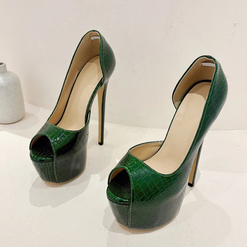 New Green Snake Print Leather Platform Pumps Women Sexy Slingback Peep Toe Extreme High Heels Strip Pole Dance Shoes