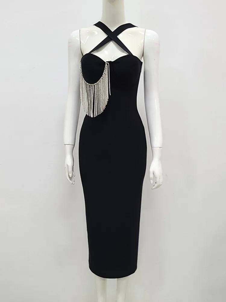Women Summer Sexy Key Hole Diamonds Tassel Crystal Midi Black Bodycon Bandage Dress Elegant Evening Party Dress Vestido