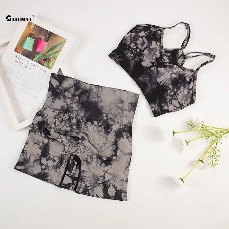 Tie Dye Yoga Set Women Seamless Sports Suit Cycling Shorts with Running Bra Gym Tracksuit Elastic Fitness Outfit