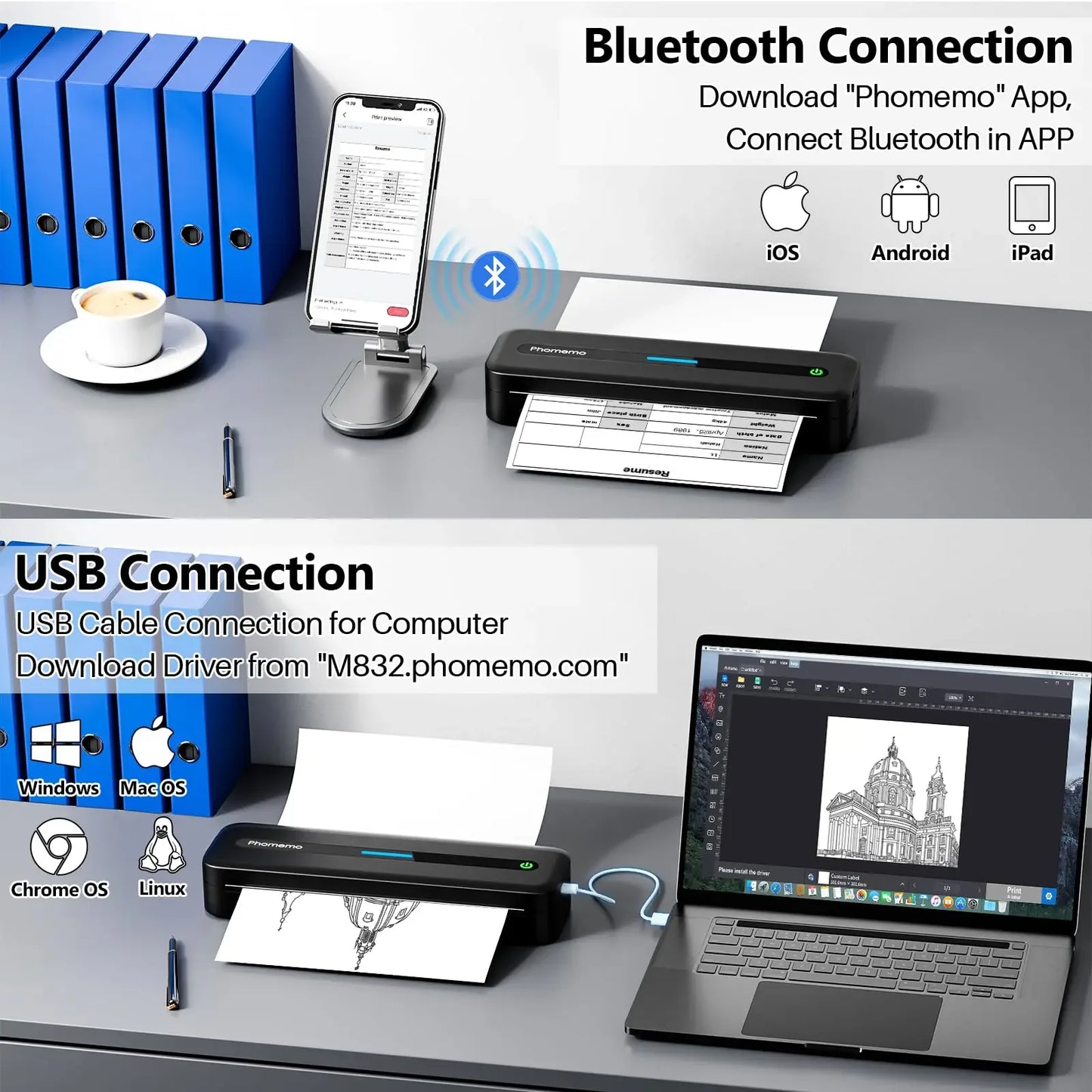 Original PHOMEMO Inkless Printer M832 Portable Printer Wireless Bluetooth Thermal Printer Support Letter A4 5-Size Thermal Paper Mobile Photos Document Office Business Printer