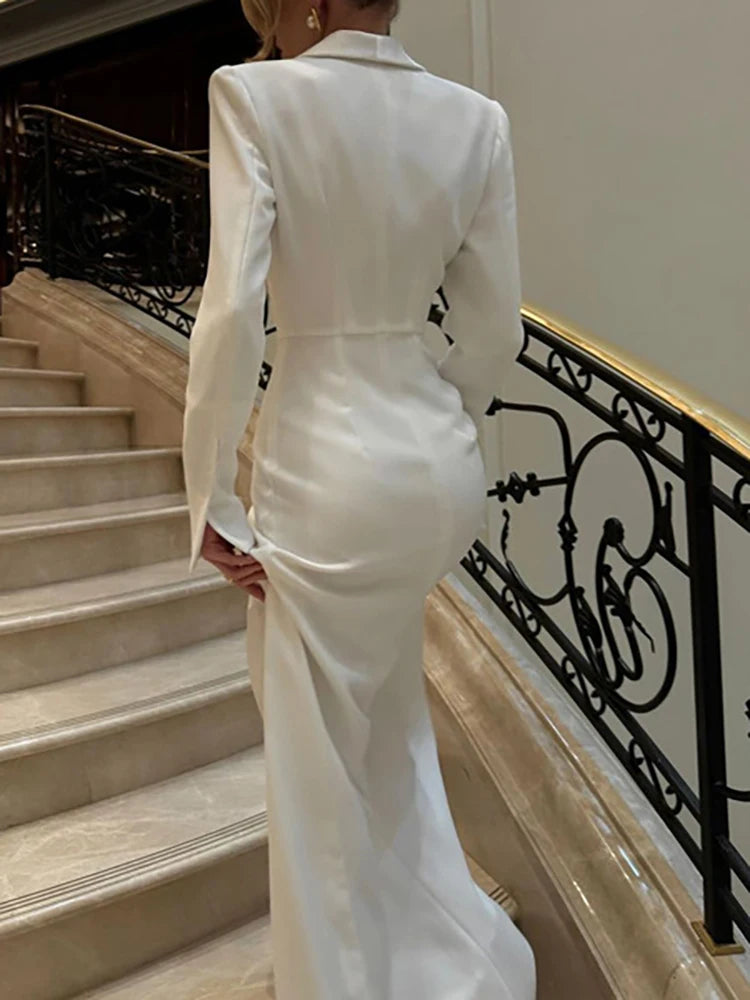 NEW Arrivals UK Size Black/White Julissamo Italian Sexy V-Neck High Slit Button Women Maxi Dress Black Long Sleeve Evening Dress Female Spring Autumn Winter Slim Luxury Party Dress