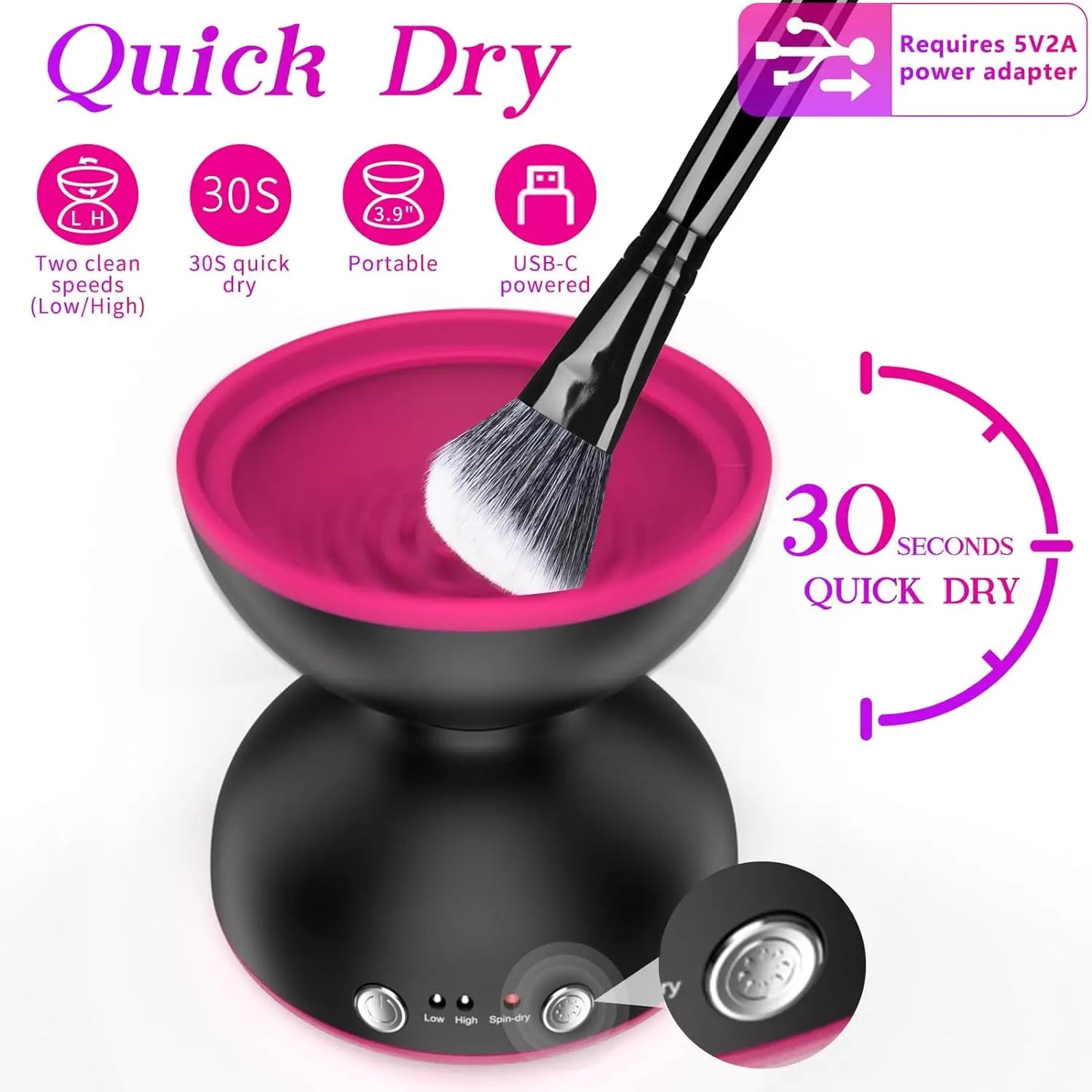 Makeup Brush Cleaner Machine, Two Gears Speed and Dehydration Function,Travel Portable Automatic