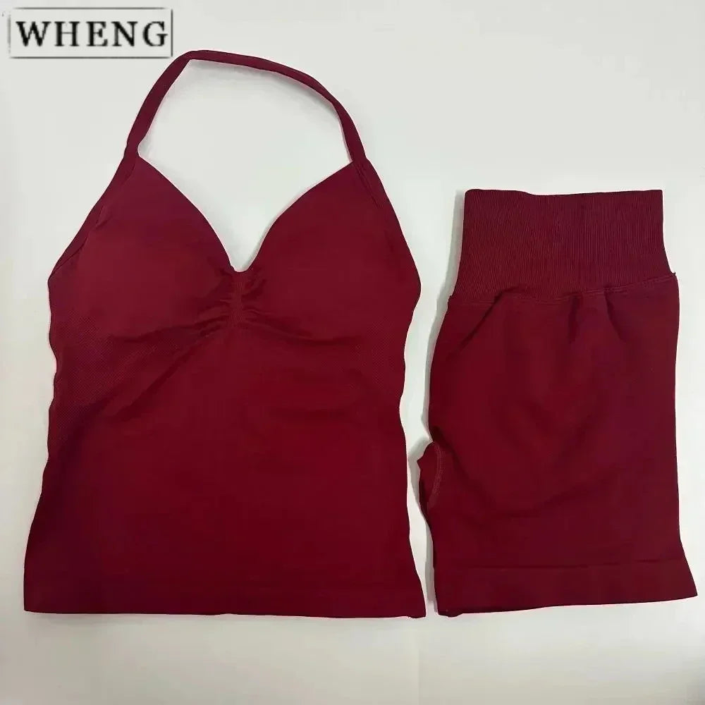 NEW Arrivals 2PCS Set 10 Colors Padded Sleeveless T-Shirt with Halter Collar Hip Pants Summer Sportswear Women Fitness Yoga Pilates Suit Outdoor Hiking Running Sports Clothes