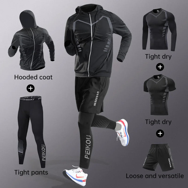 NEW Arrivals 5PCS Set S(50-60Kg-3XL(100+Kg) Plus Size Running Fitness Clothes for Men Spring Autumn Winter Morning Running Speed Dry Cycling Sports Set