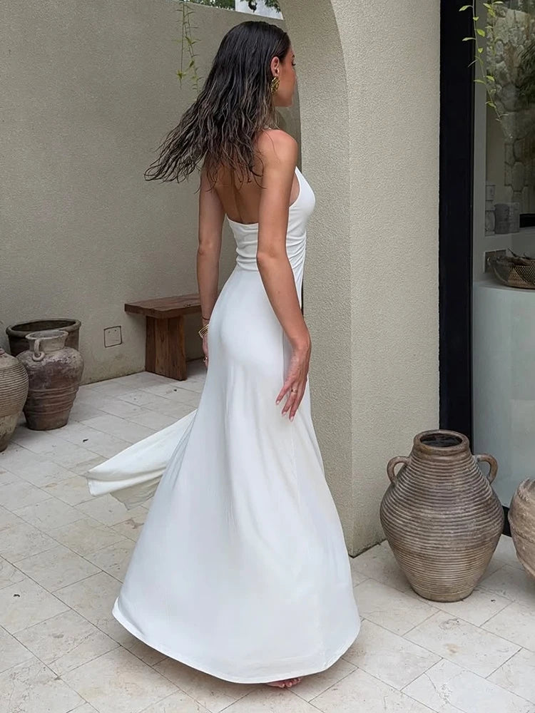NEW Arrivals UK Size White/Black/Brown Deep V Neck Halter Long Dress Female Elegant Ruched Ribbon Splice Summer Evening Beach Party Night Club Outfit Ladies Sexy Slim Sleeveless Maxi Dress