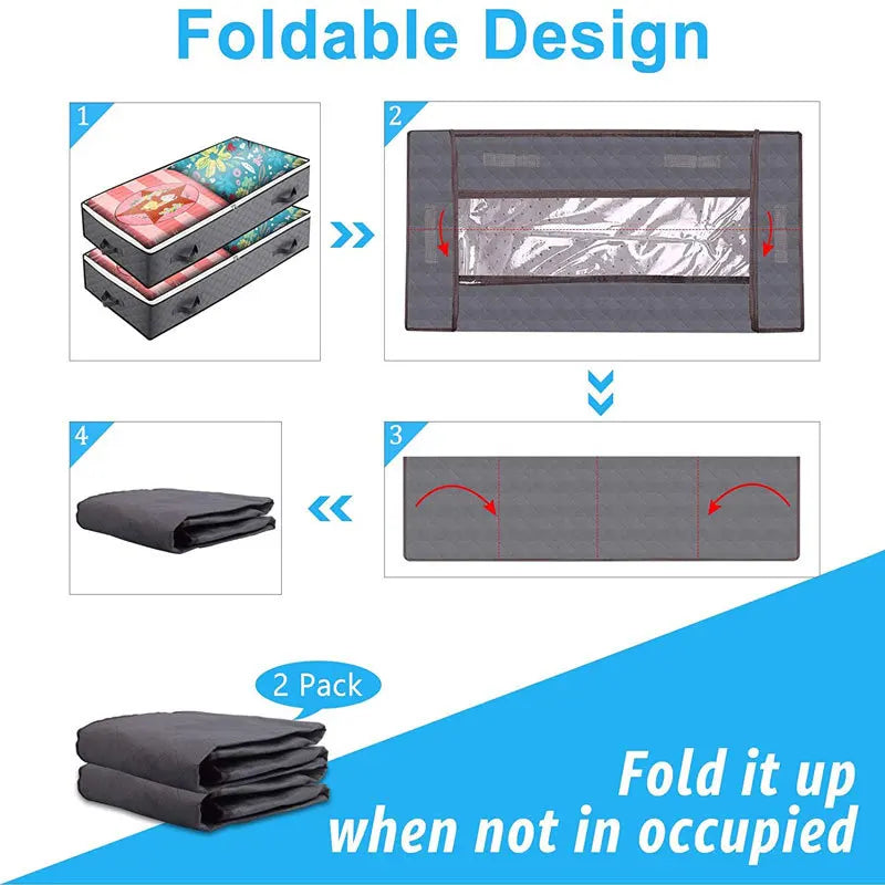 Foldable Underbed Bags - 2 Pack Blankets Clothes Comforters Storage Bag Breathable Zippered Organizer for Bedroom