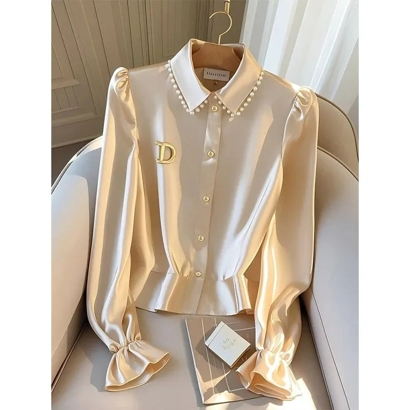 NEW Arrivals M-2XL UK Size Luxury Satin Casual Women's Blouses Spring/Summer New Solid Shirts Slim Fit Long Sleeves Top Women Clothing Sales Ladies Luxury Fashion Apparel Accessories
