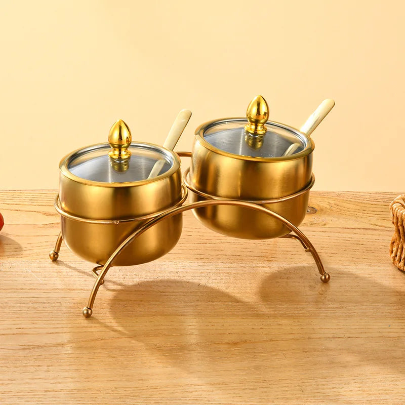 Home Villa Restaurants Hotels Household Luxury 304 Silver/Gold Color Stainless Steel Seasoning Tank Buffet Restaurant Hotel Seasoning Salt Storage Tank with Holder Rack Home Kitchenware Tools Sets