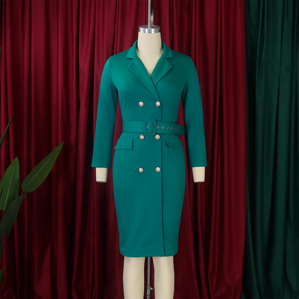 XXXL Office Dress Women Elegant Notched Collar Full Sleeve Belt Waisted Double Breasted Package Hips Mid Calf Formal Work Dress Midi