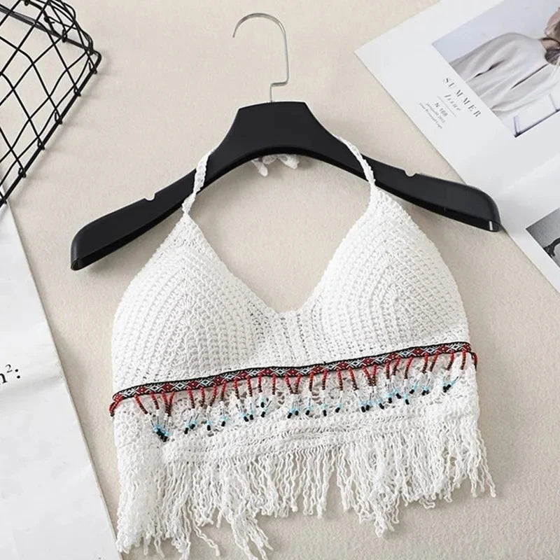 Handmade Sexy Beach Holiday Camisole Halter Women Crochet Knit Swimsuit Bra Backless Vest Hollow Tassel Tank Top Women's Female Crop Tops Girls Ladies Summer Luxury Fashion Clothing Products