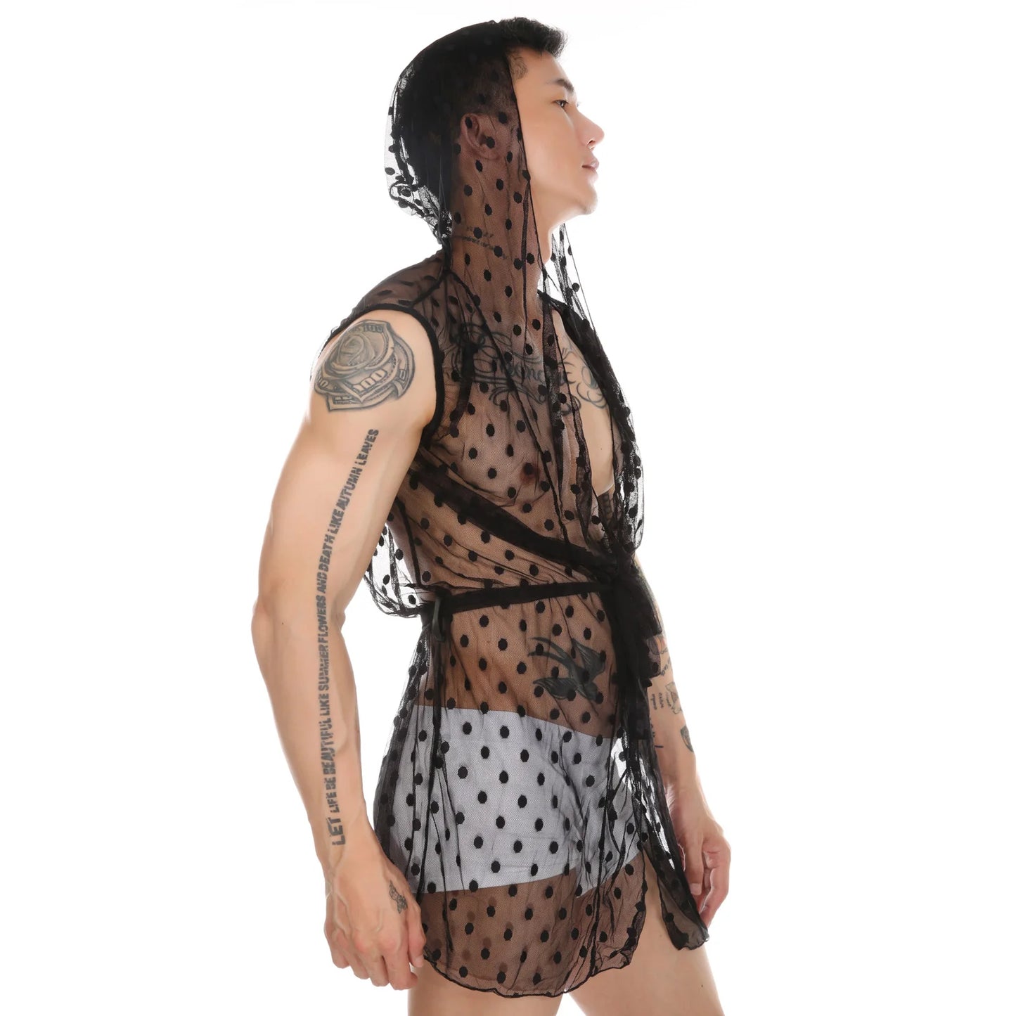 CLEVER-MENMODE Men Robes Mesh Lace See Through Homewear Sexy Nightwear Nightgown Hooded Long Transparent Leisure Bathrobes