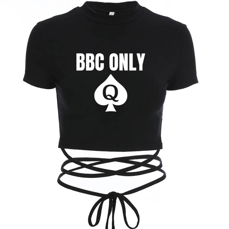 NEW Arrivals Queen of Spade BBC ONLY Summer Women Black Short T-Shirts Ladies Sexy Crop Tops Short Sleeve Bandage Tee Tops Female Shirts