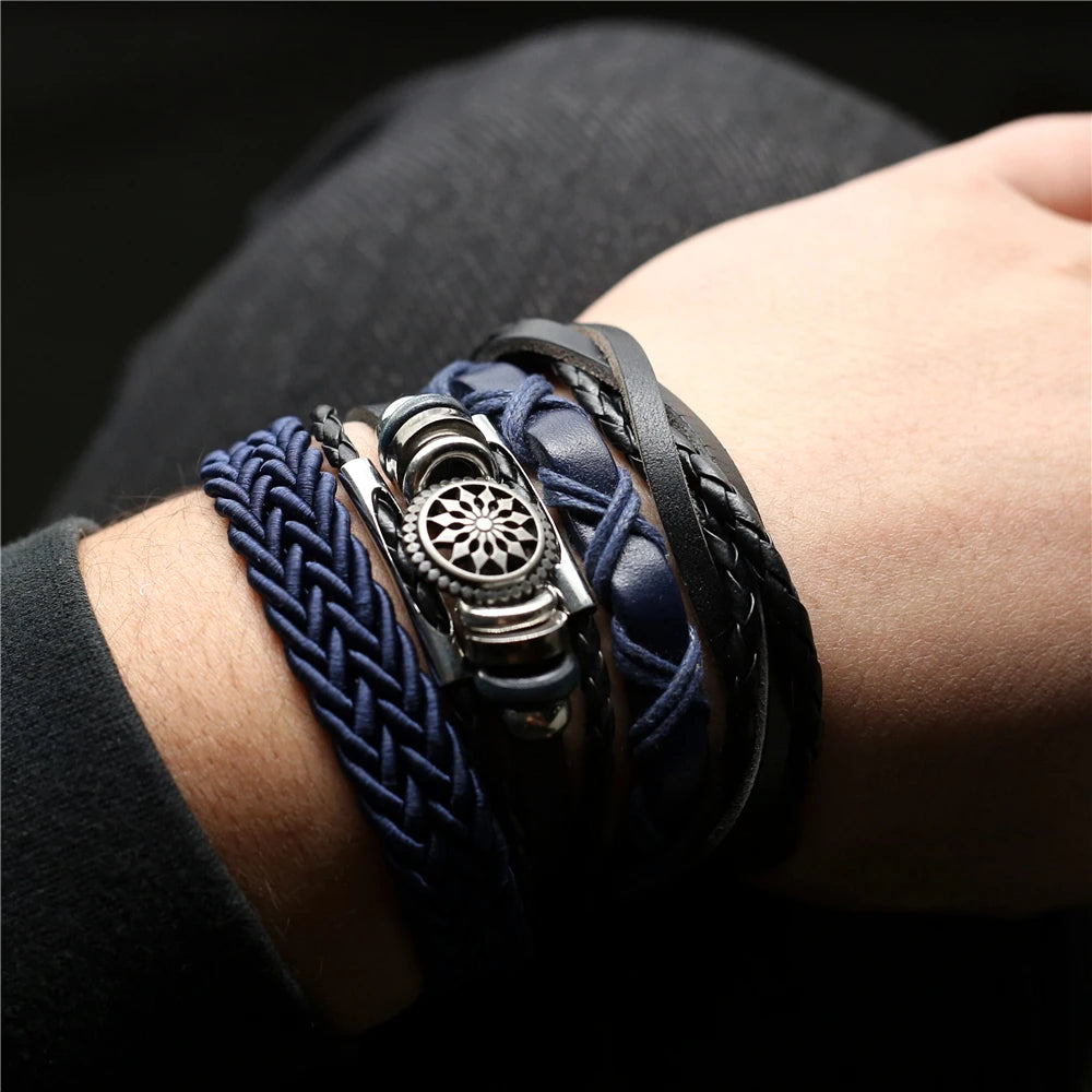 Trendy 10 Pcs/Set Rudder Charm Leather Women Men Bracelets Bangles Wrap Wrist Strap Weave Braided Homme Jewellery