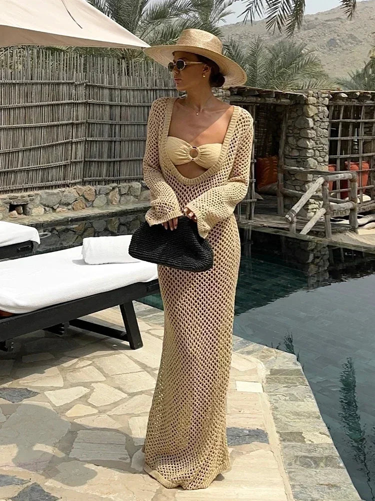NEW Arrivals UK Size 7 Colors Sexy U-Neck Bell Sleeve Knit Handmade Maxi Dress Summer Women Swimwear Feminine Bikinis Cover-Ups Holiday Crochet Beach Ladies Outfit K21