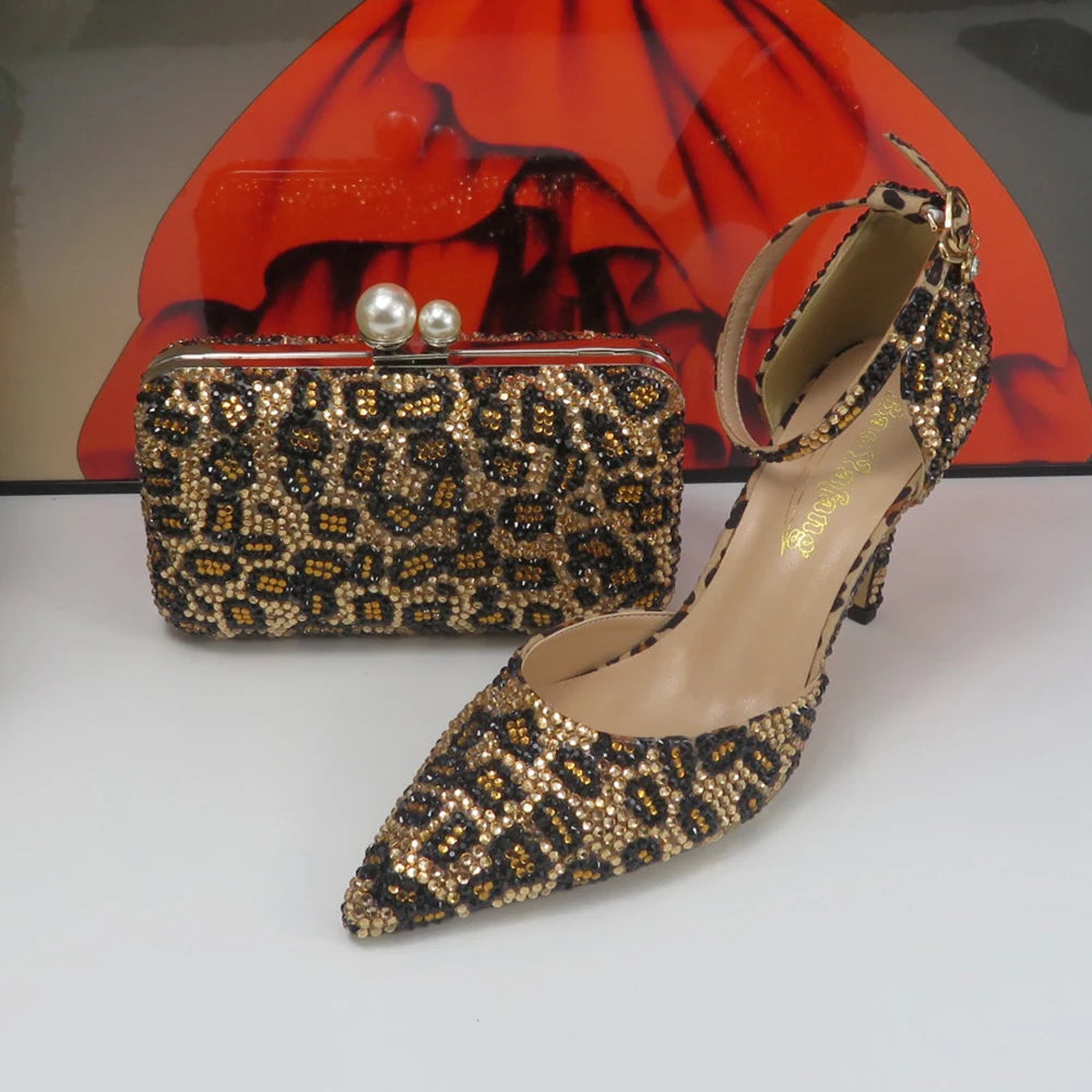 NEW Arrivals Luxury Fashion Pointed Toe Leopard Bridal Shoes Set with Bags Evening Wedding Party Night Business Dinner Summer Sandals Woman Ankle Strap Buckle Shoes Bag Thin High Heels Ladies Luxury Fashion Clothing Supplie
