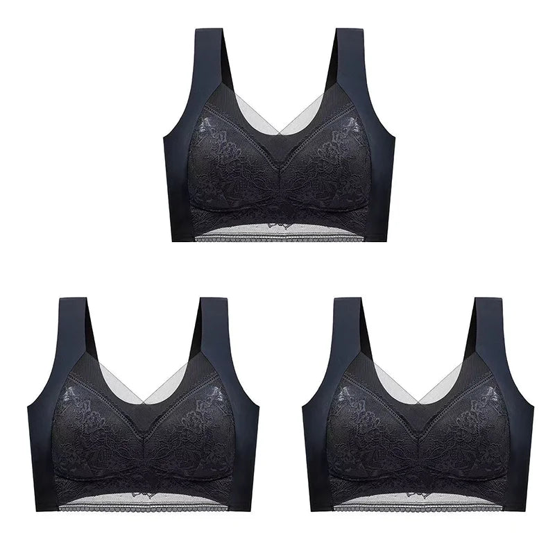 NEW Arrivals 3PCS Set L-(45-50KG) 5XL(100KG) Women Lace Bra Bralette Push Up Perspective Ice Silk Deep V Bra Sexy Lingerie Tops Plus Size Cup Mom's Underwear Chubby Ladies Underwear