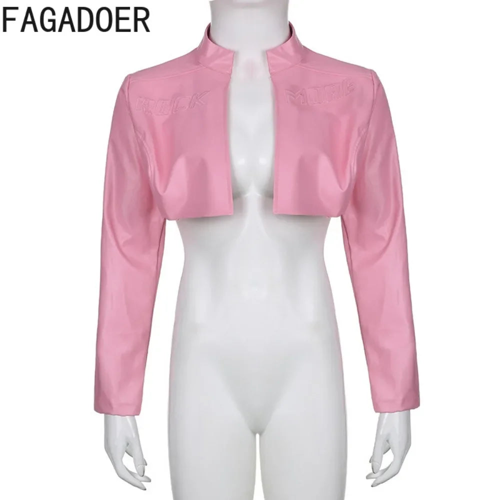 NEW Arrivals Black/Pink Y2K Punk Gothic Leather Jacket Women Cropped Lapel Letter Embroidery Moto Jackets Coat Short Female Streetwear Night Club Mini Jacket Evening Rave Party Girls Casual Fashion Clothing Supplies